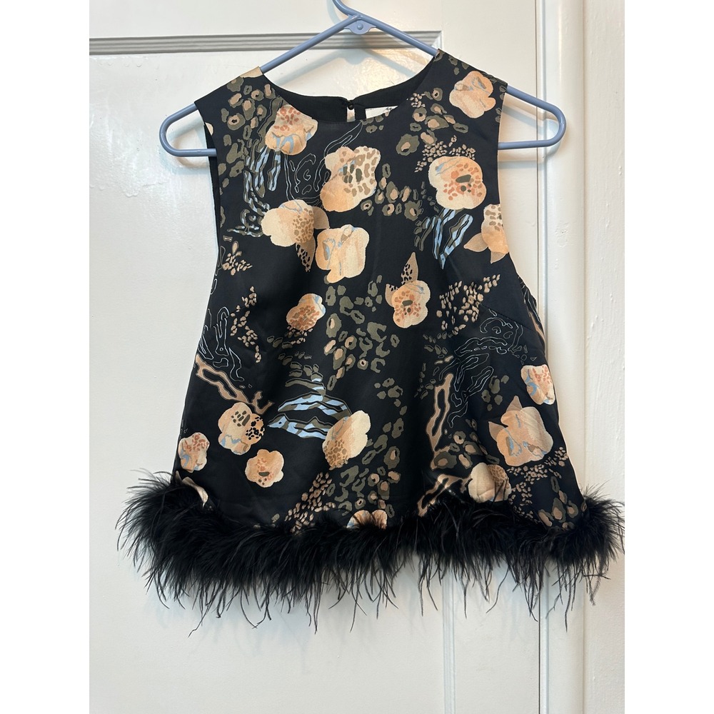 Entro Black Floral Leopard Print Feather Trim Sleeveless Crop Top T18750 Small